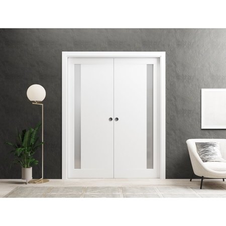 Sartodoors Sliding French Dbl Pocket Doors 36 x 80in, Painted White W/ Frosted Glass, Kit Trims Rail Hardware PLANUM0660DP-BEM-36